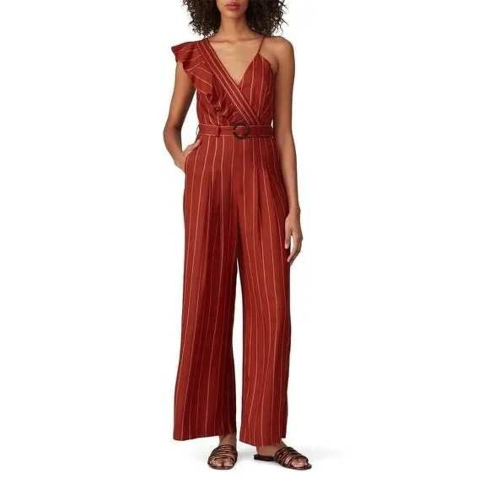 Three Floor Jumpsuit Women 0 Margaux Burnt Orange Striped Ruffle Belted Wide Leg